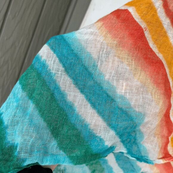 Chico’s Linen Poncho Top S/M OS Chevron Teal Coral Beachy Oversized Flowy - Picture 5 of 8